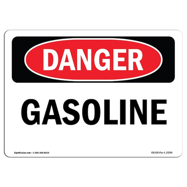 Safety Sign, OSHA Danger, 7" Height, 10" Width, Aluminum, Gasoline, Landscape